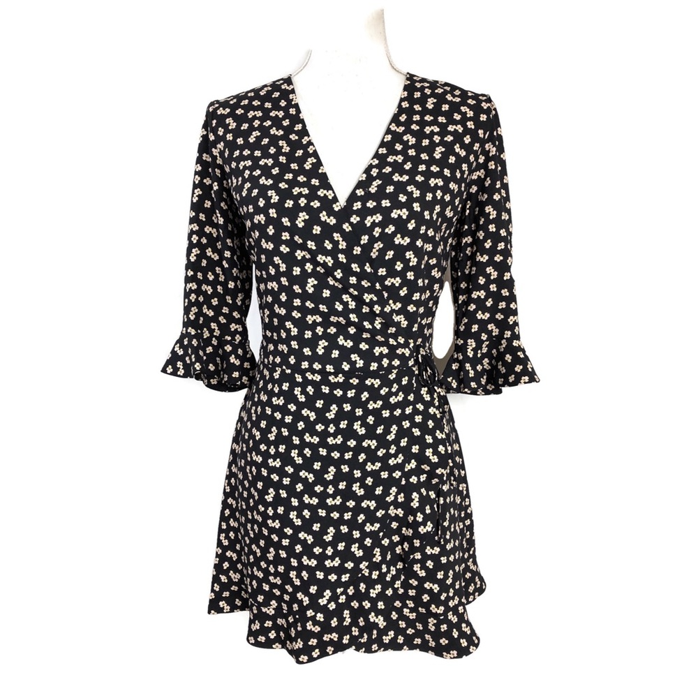 Loft Factory black floral wrap dress bell sleeve